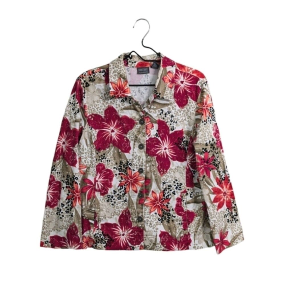 Additions By Chico's Red Tan Button Up Floral Jacket Collared Pockets XL  / 16
